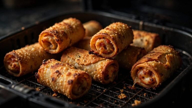 Crispy Pizza Rolls in the Air Fryer cooked in an air fryer with melted cheese inside