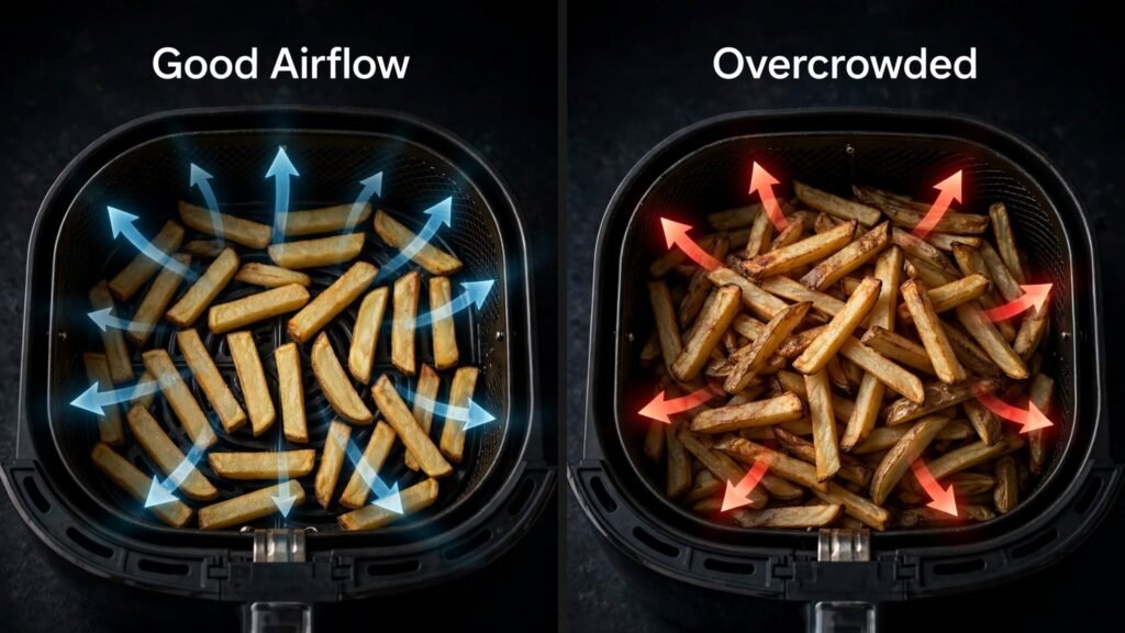 Properly spaced versus overcrowded air fryer basket