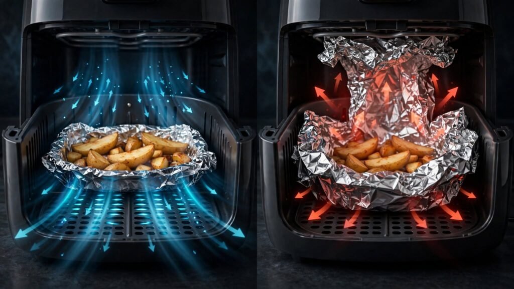 Correct and incorrect aluminum foil placement in an air fryer