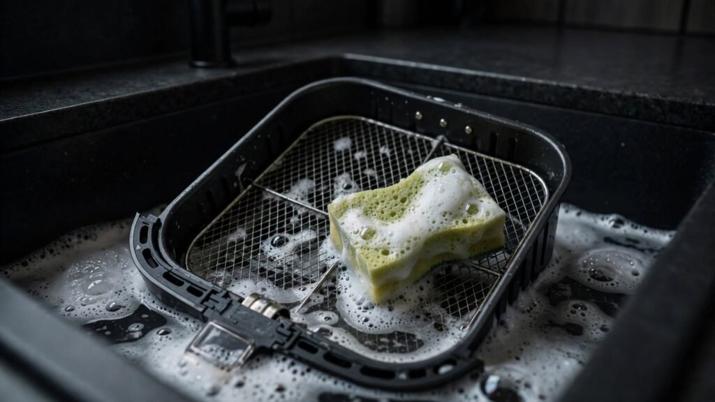 Cleaning an air fryer basket with a soft sponge