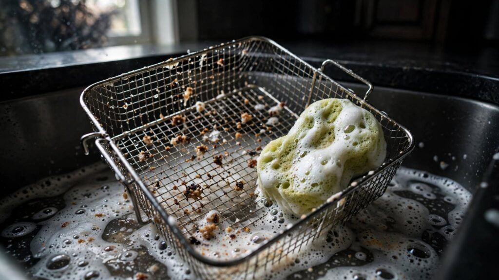 Cleaning an air fryer basket with warm soapy water