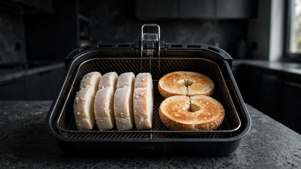 Frozen bread and a bagel being toasted in an air fryer