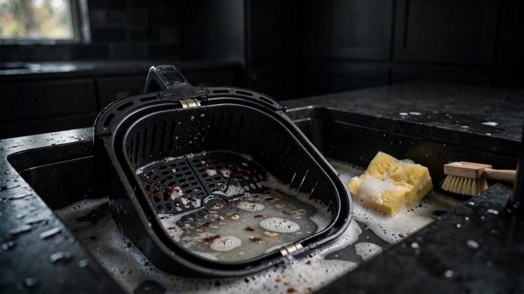 Removing stuck-on food from an air fryer basket
