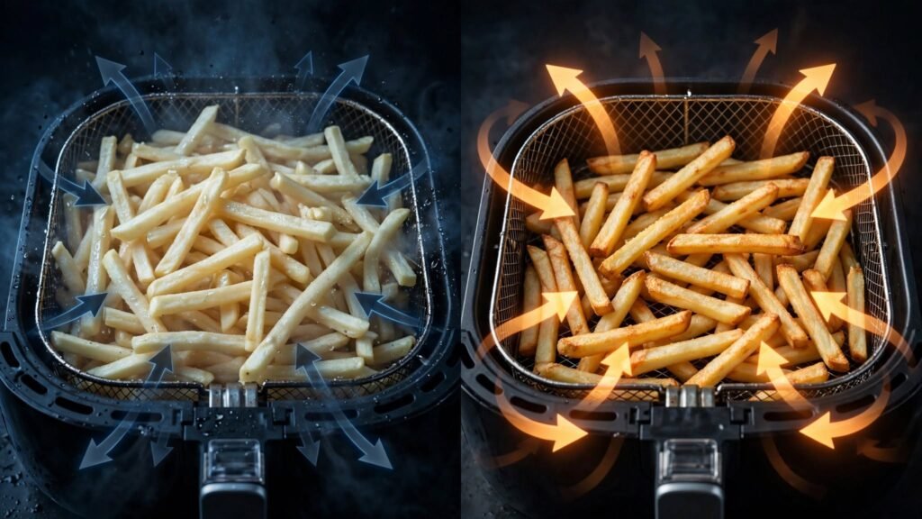 Comparison of overcrowded and properly spaced air fryer baskets