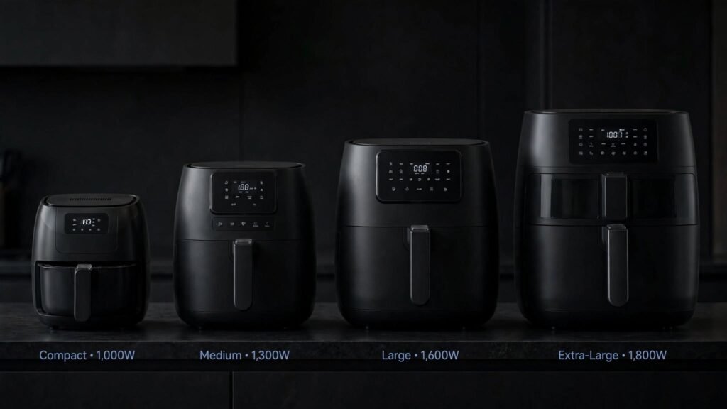 Air fryer wattage ranges by appliance size