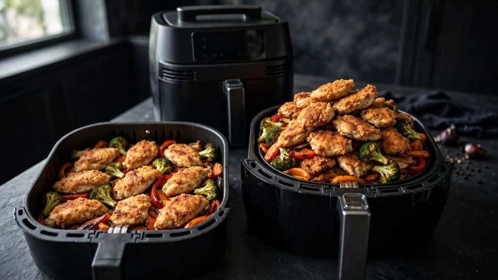 Air fryer food arranged in an even layer for better airflow