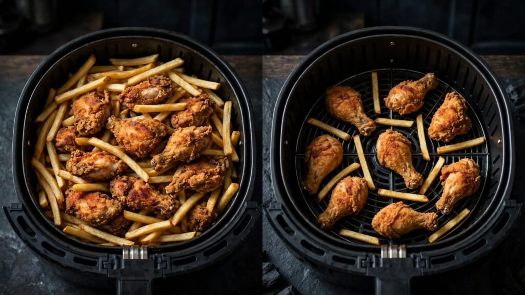 Overcrowded air fryer basket compared with properly spaced food