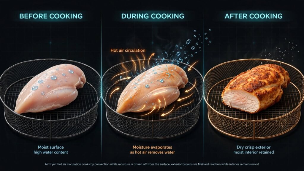 Illustration showing how hot air removes surface moisture and helps food become crispy