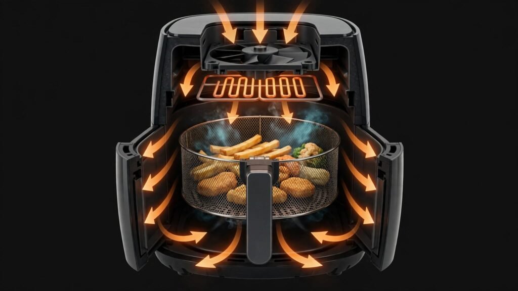 Diagram showing how an air fryer circulates hot air around food