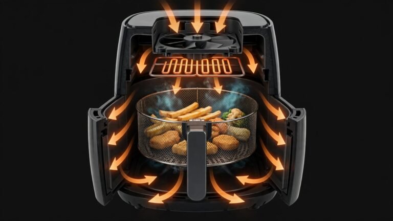 Diagram showing how an air fryer circulates hot air around food