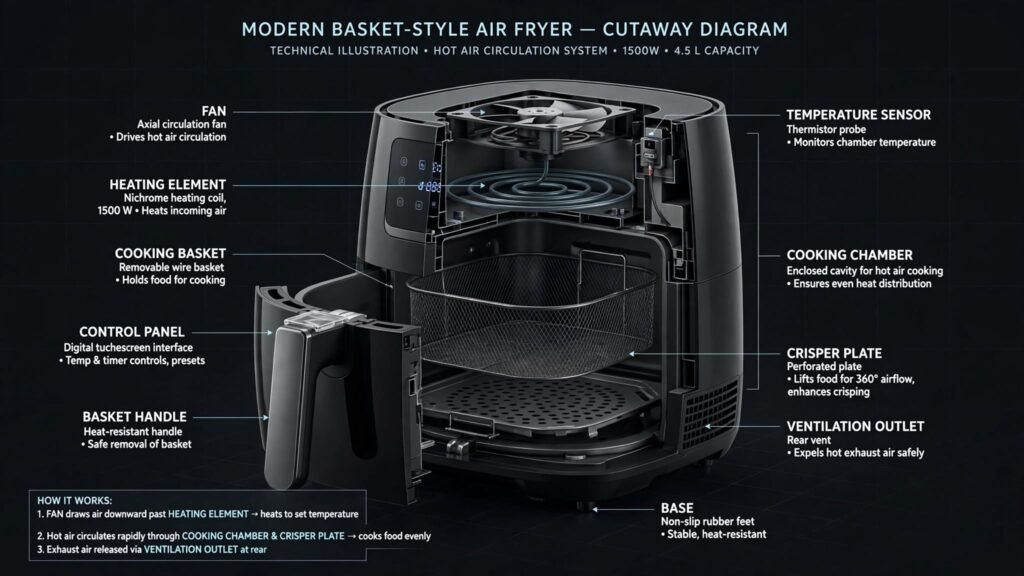 Labeled diagram of air fryer parts including fan heating element and basket