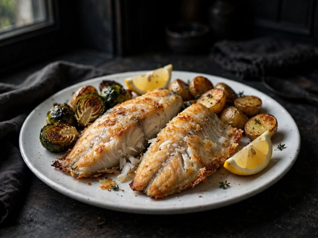 Air fryer fish served with lemon and vegetables