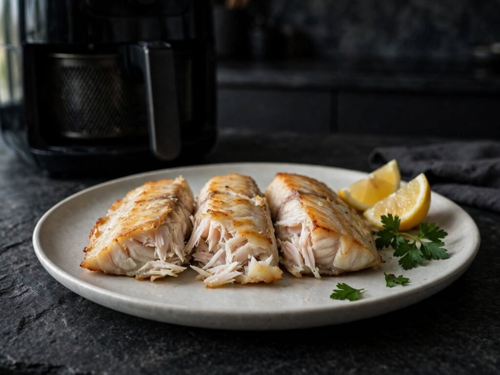 Flaky fish fillets cooked in an air fryer with lemon
