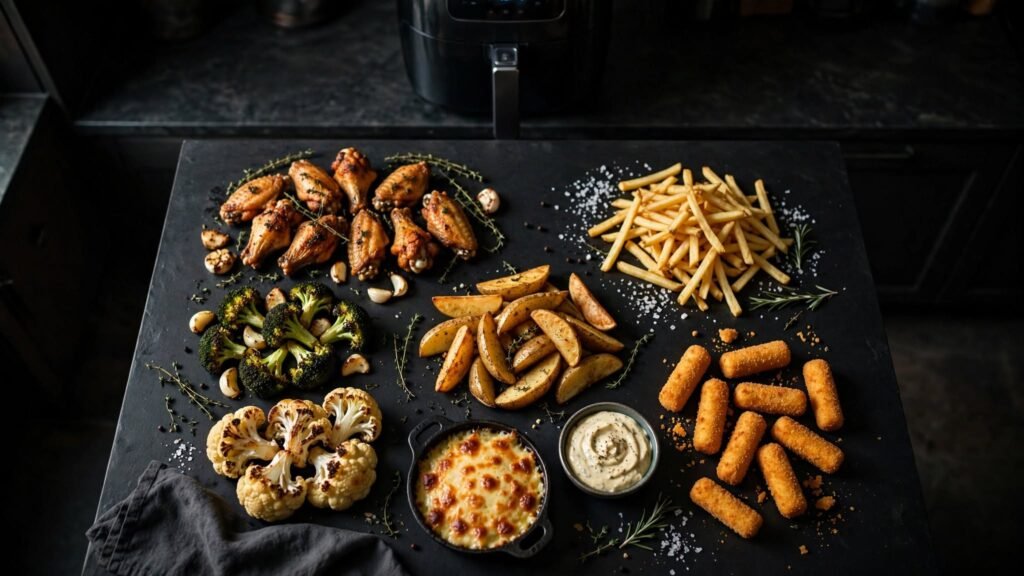 Chicken vegetables fries and snacks prepared in an air fryer