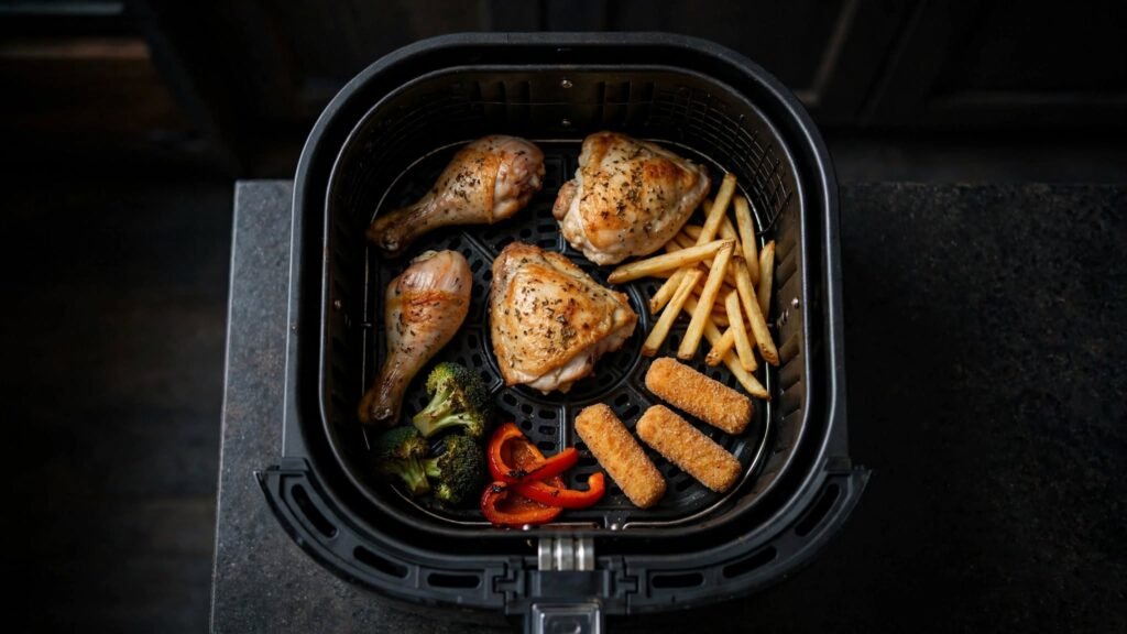 Food arranged inside a 6 qt air fryer basket