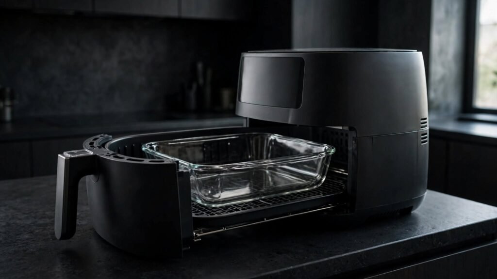 Properly sized glass cookware positioned inside an air fryer