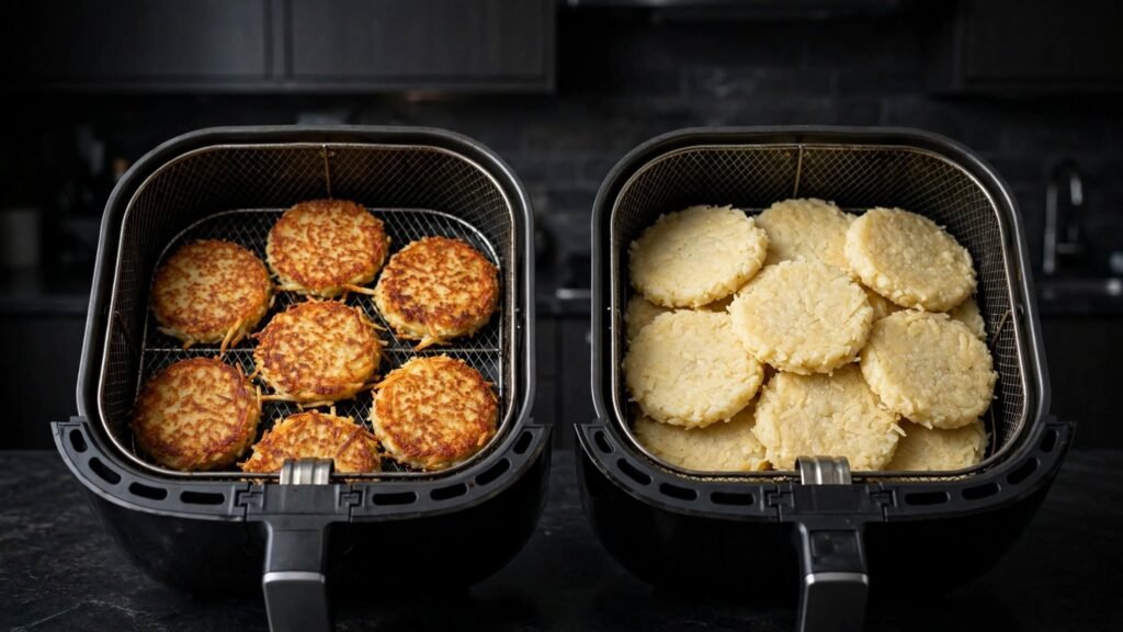 Comparison of properly spaced and overcrowded hash brown patties
