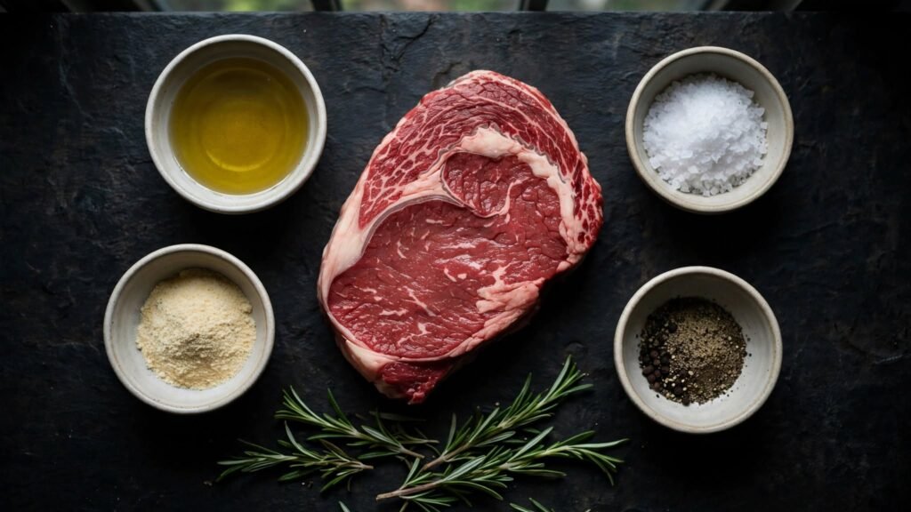 Ingredients for air fryer ribeye steak including ribeye, oil, salt and pepper