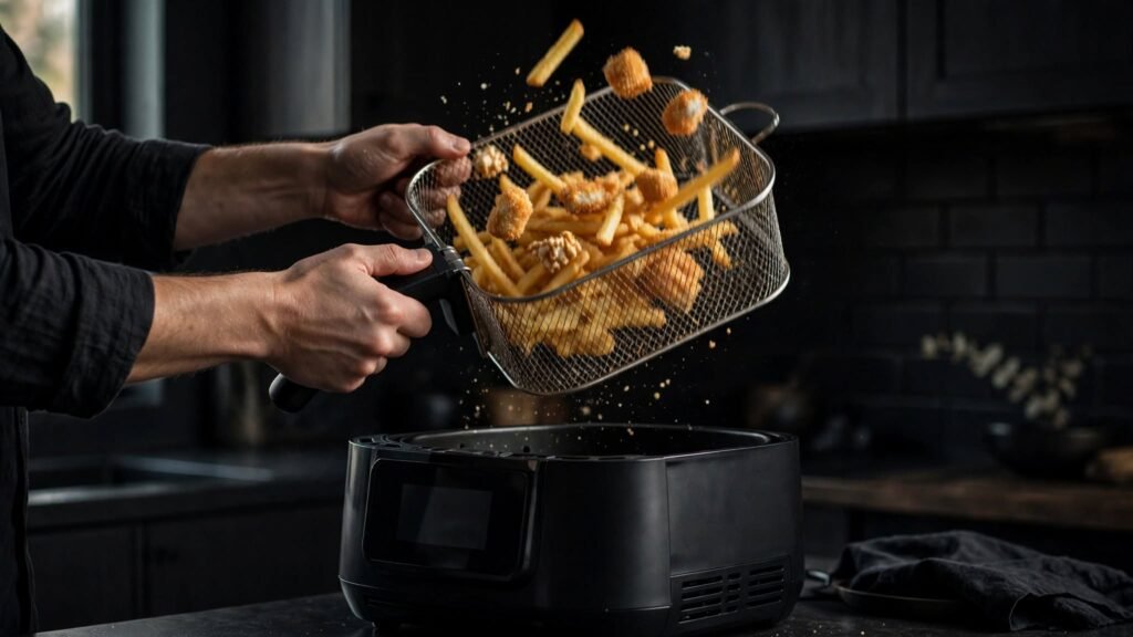 Shaking an air fryer basket to promote even cooking