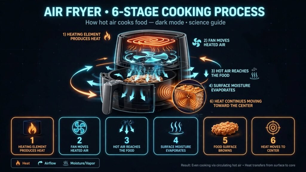 Six stages showing how hot air cooks food in an air fryer