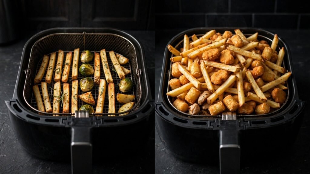 Correctly filled and overcrowded air fryer baskets compared