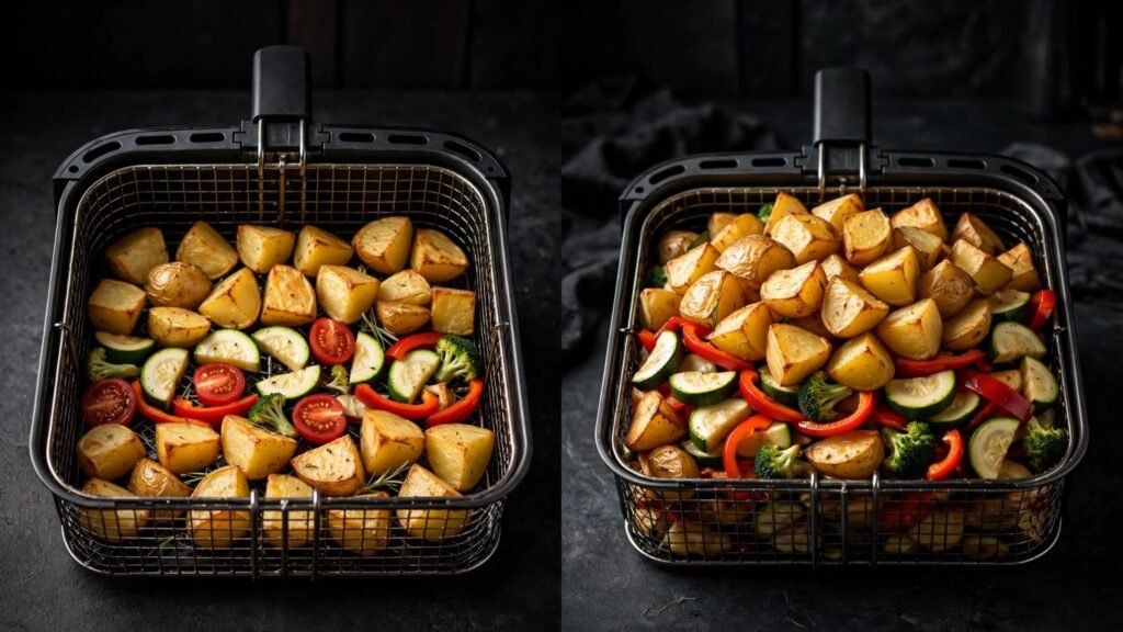 Air fryer basket showing evenly spaced food and an overcrowded basket