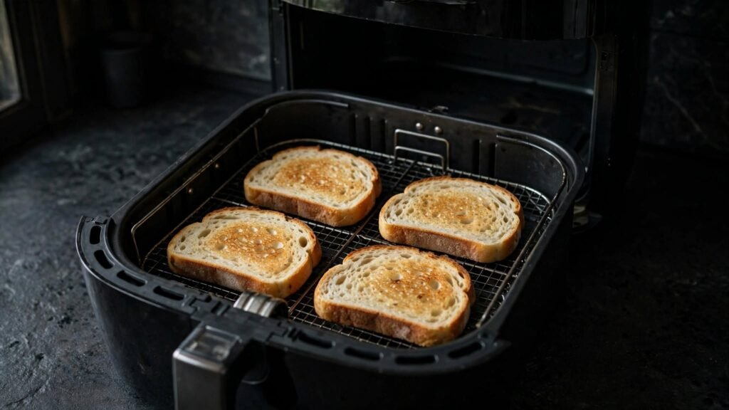 Bread arranged in a single layer in an air fryer basket