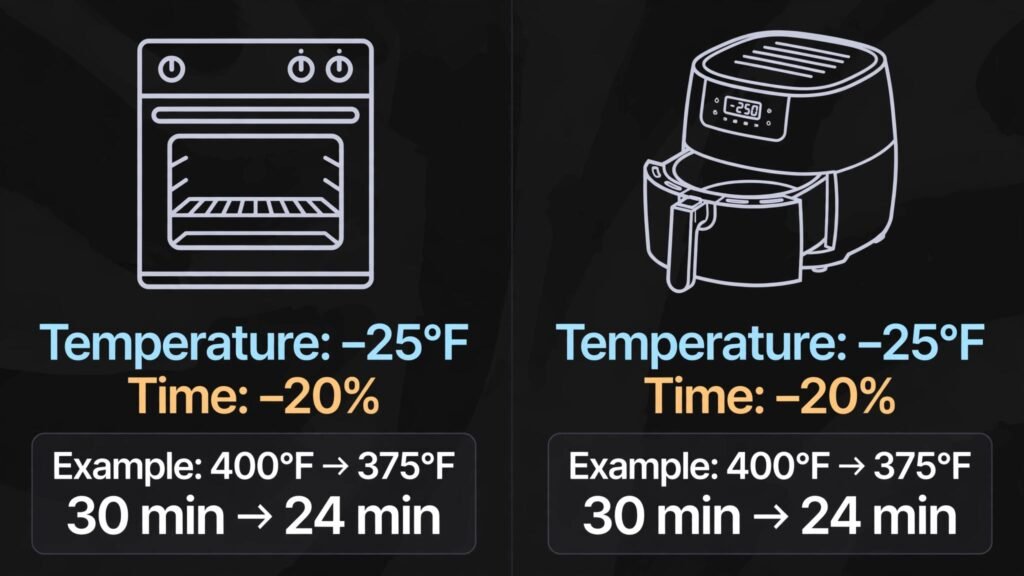 Oven to air fryer conversion formula showing lower temperature and shorter cooking time