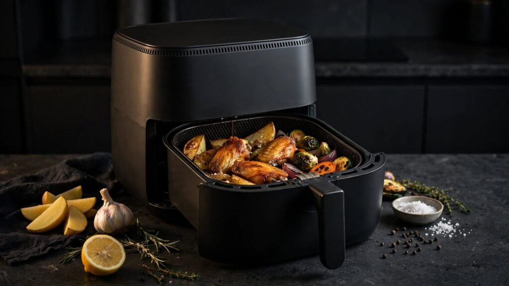 Modern air fryer with crispy chicken and vegetables