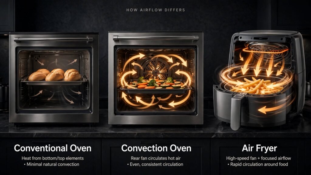 Comparison of conventional oven, convection oven and air fryer airflow