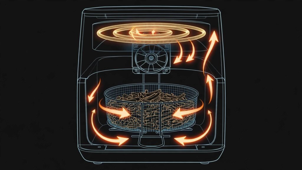 Diagram showing hot air circulation inside an air fryer