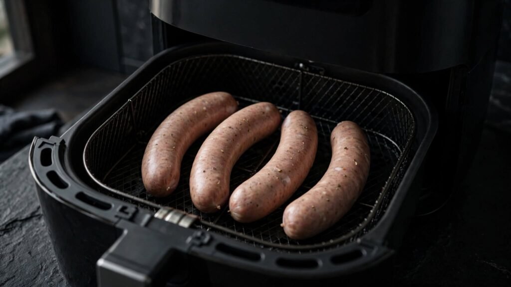 Fresh bratwurst arranged in a single layer in an air fryer basket