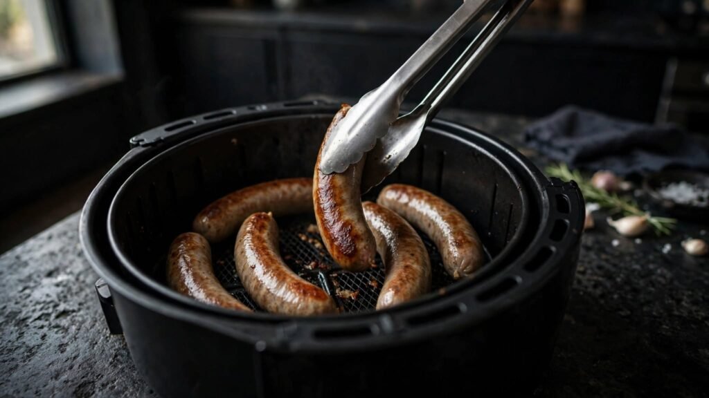 Turning bratwurst halfway through cooking in an air fryer