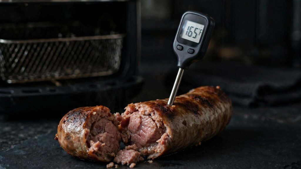 Checking the internal temperature of cooked bratwurst with a meat thermometer