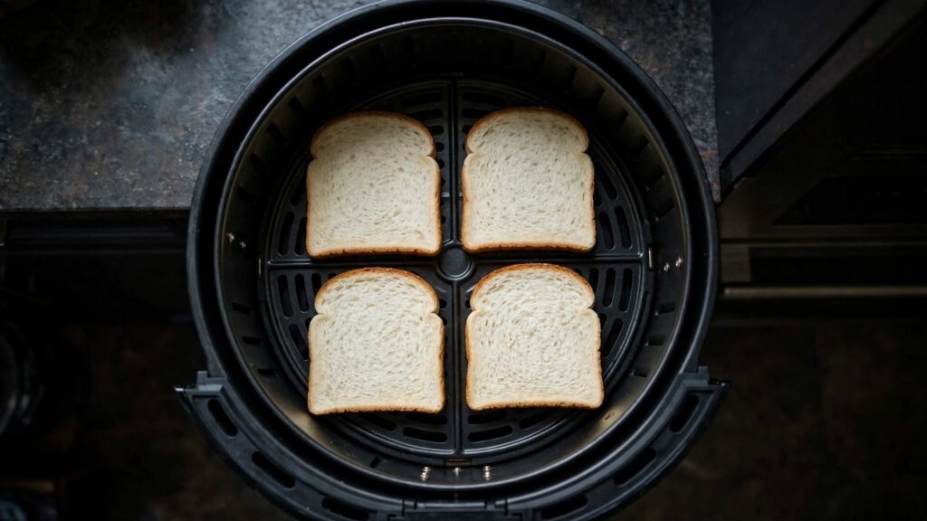 Bread slices arranged in a single layer in an air fryer basket