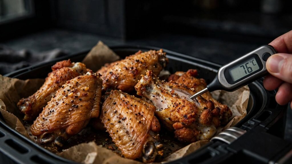 Checking the internal temperature of cooked chicken wings