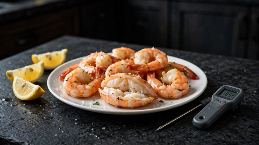 Cooked shrimp checked for doneness