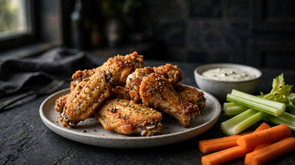 Reheated chicken wings with celery and dipping sauce