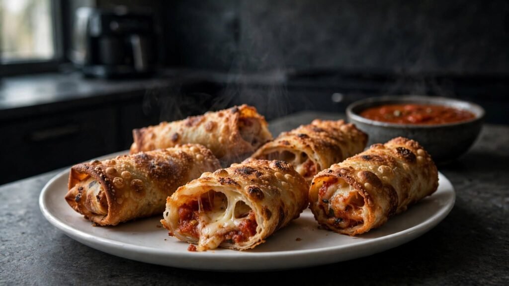 Air fryer pizza rolls served with warm marinara dipping sauce