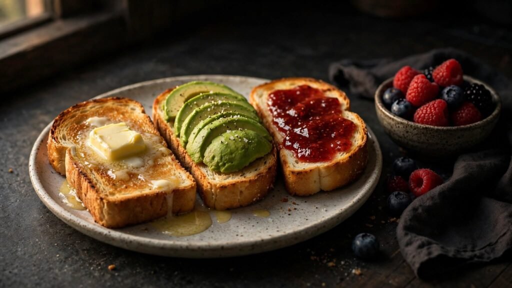 Air fryer toast with butter avocado and strawberry jam