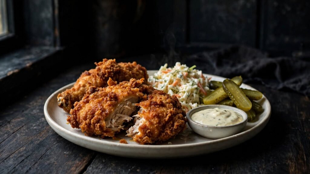 Crispy reheated fried chicken served with coleslaw and pickles