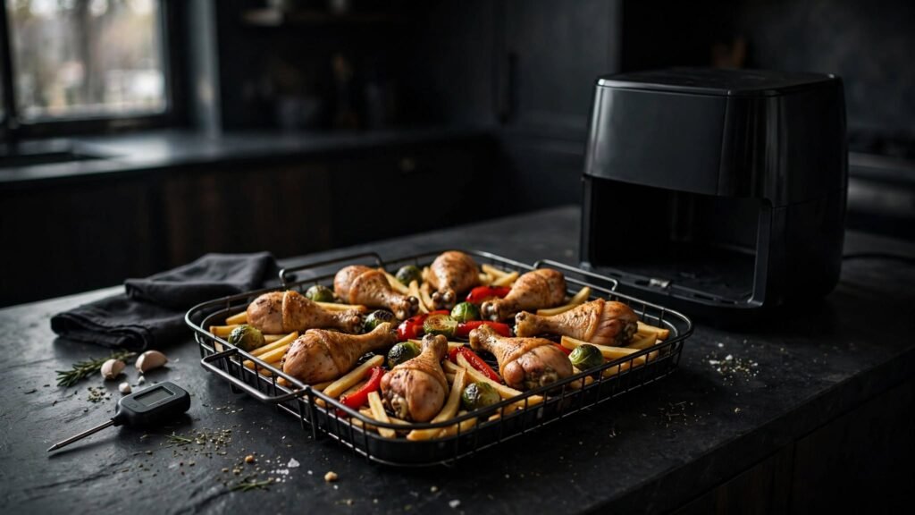 Properly arranged air fryer food with a food thermometer