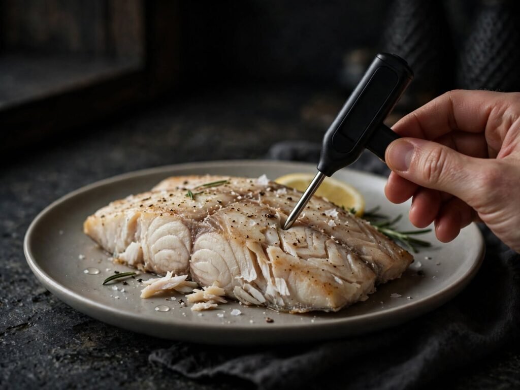 Checking the internal temperature of air fryer fish with a food thermometer