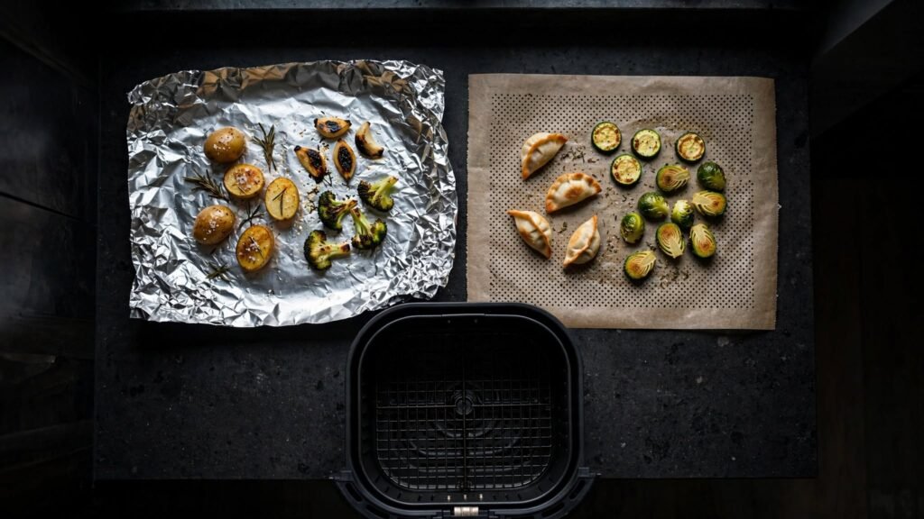 Aluminum foil and parchment paper for air fryer cooking