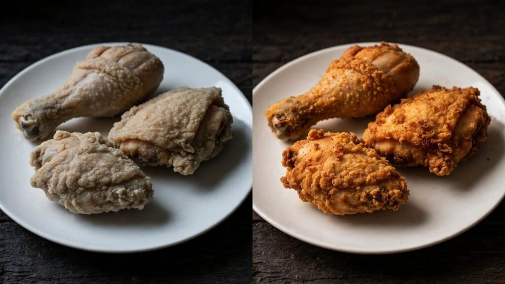 Fried chicken before and after reheating in an air fryer