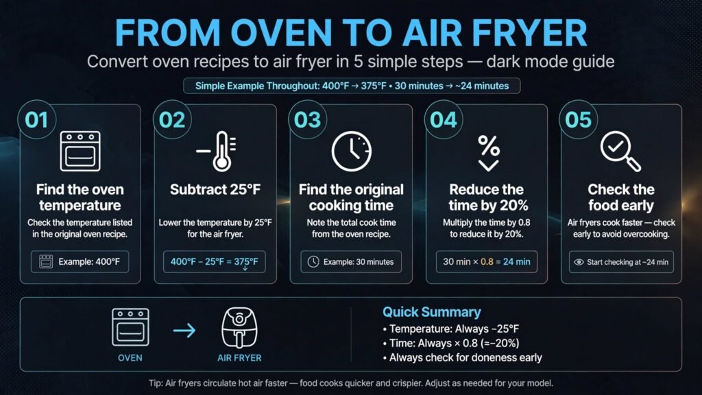 Visual guide to reducing oven temperature for air fryer cooking