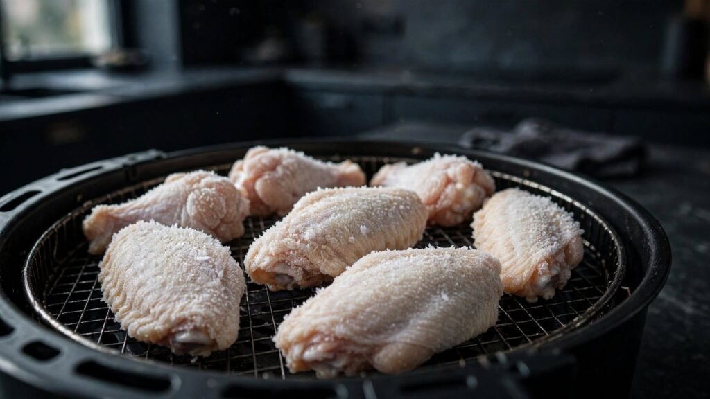 Raw frozen chicken wings in an air fryer basket