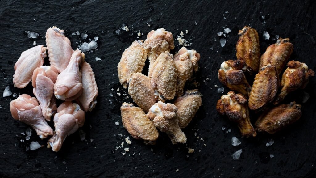 Raw, cooked, and breaded frozen chicken wings