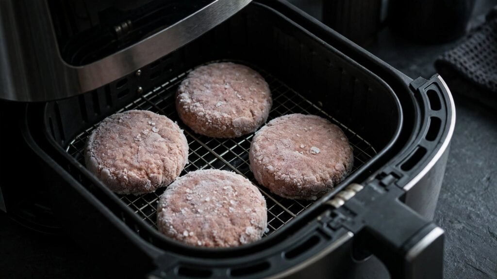 Frozen beef patties arranged in an air fryer basket