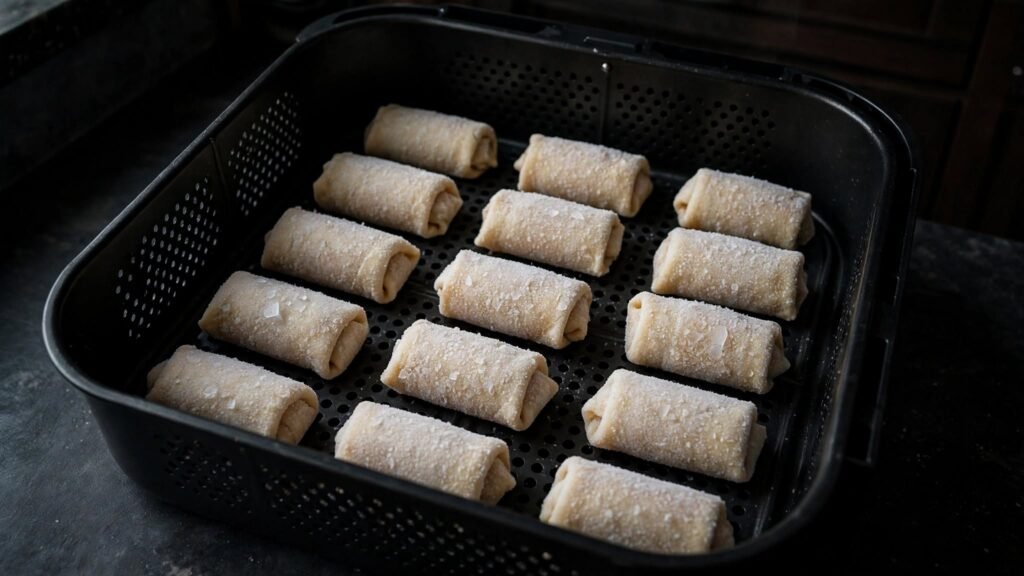 Frozen pizza rolls arranged in a single layer in an air fryer basket